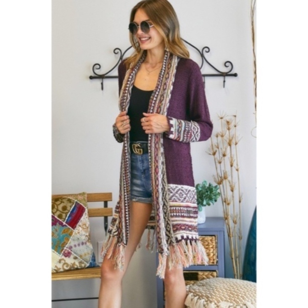 SOLD OUT Burgundy Bohemian Tribal Aztec Print Fringe Open Front Cardigan Knit - Picture 2 of 6
